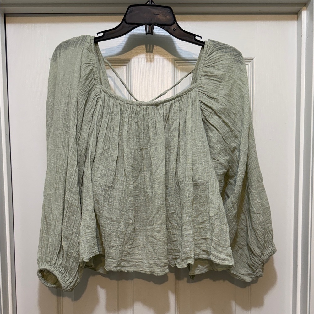 Free People FP One Sage Gauze Peasant Blouse Smocked Tie Back Balloon Sleeve
